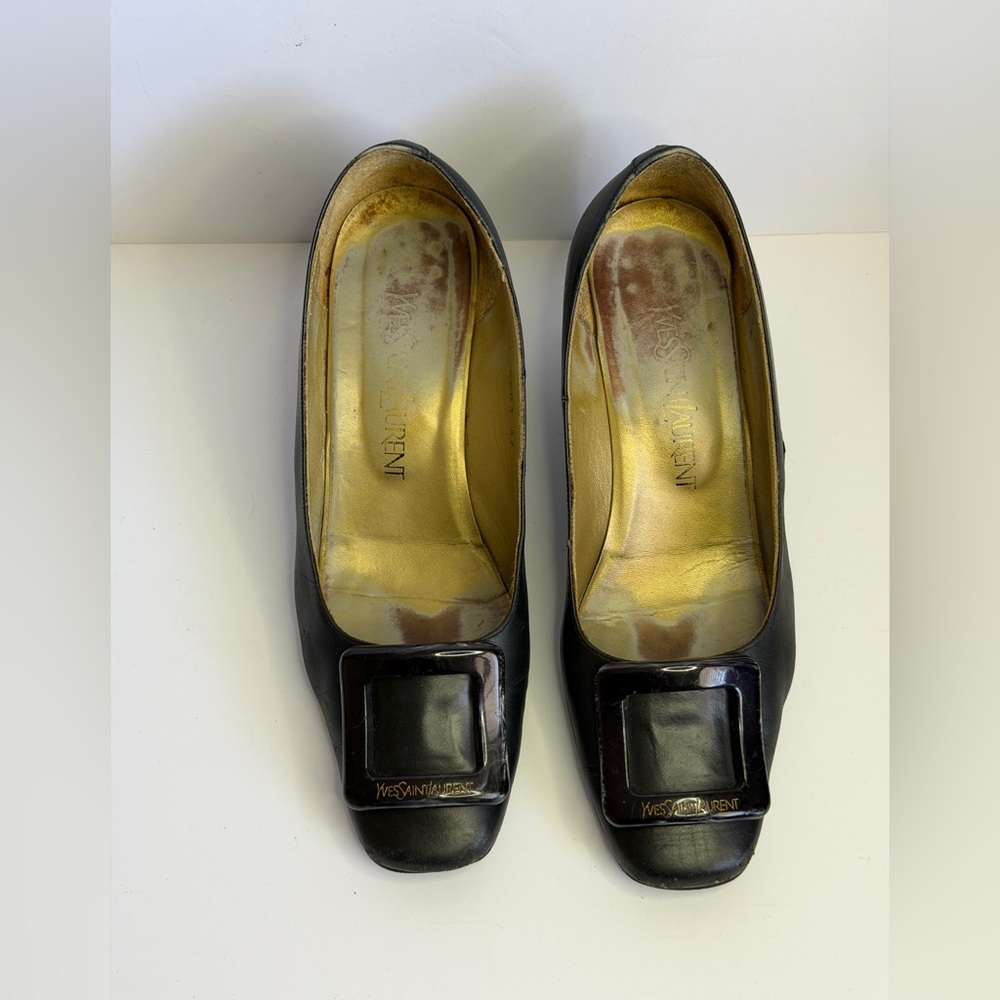 Yves Saint Laurent Black Leather Square-bow Block Heel Pumps Size 37 - Picture 2 of 11